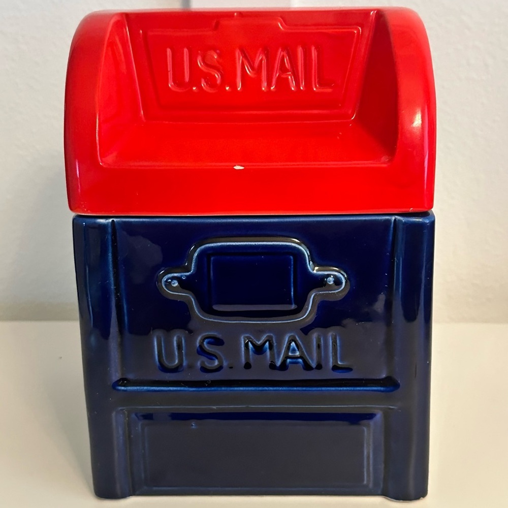 VTG US Mailbox Cookie Jar Ceramic Japan USPS Postal Red Blue Flaws